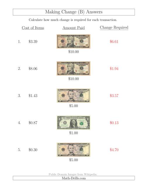 The Making Change from U.S. Bills up to $10 (B) Math Worksheet Page 2