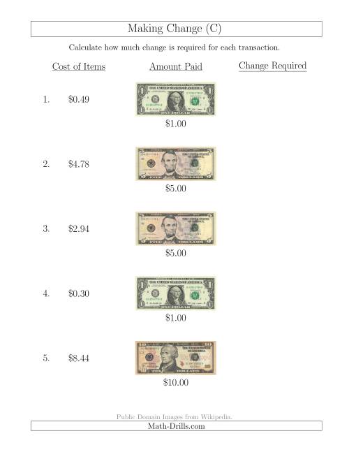 The Making Change from U.S. Bills up to $10 (C) Math Worksheet
