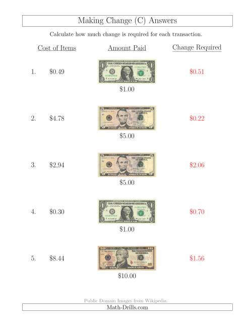 The Making Change from U.S. Bills up to $10 (C) Math Worksheet Page 2