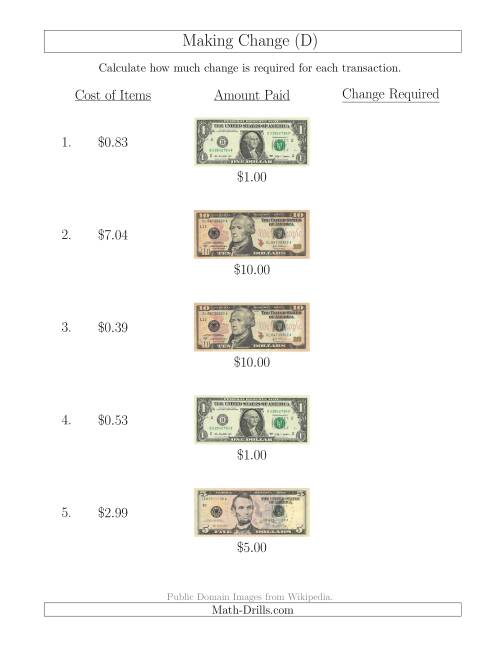 The Making Change from U.S. Bills up to $10 (D) Math Worksheet