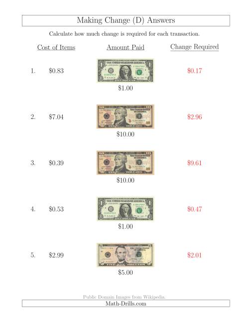 The Making Change from U.S. Bills up to $10 (D) Math Worksheet Page 2
