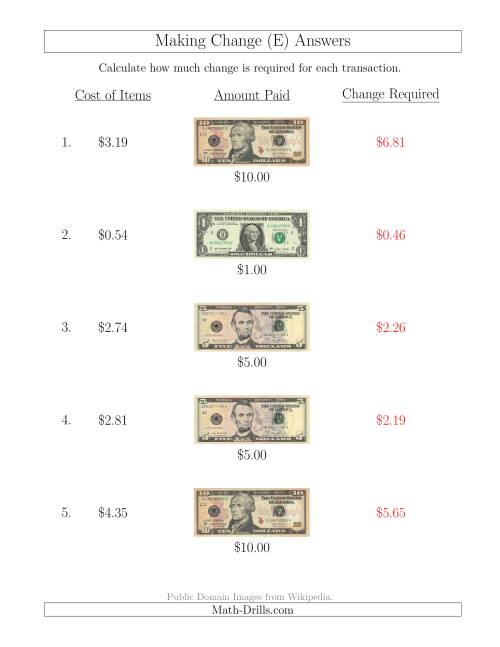 The Making Change from U.S. Bills up to $10 (E) Math Worksheet Page 2