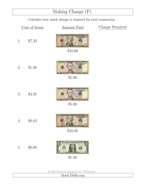 The Making Change from U.S. Bills up to $10 (F) Math Worksheet