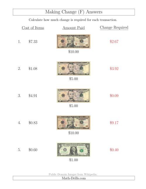 The Making Change from U.S. Bills up to $10 (F) Math Worksheet Page 2