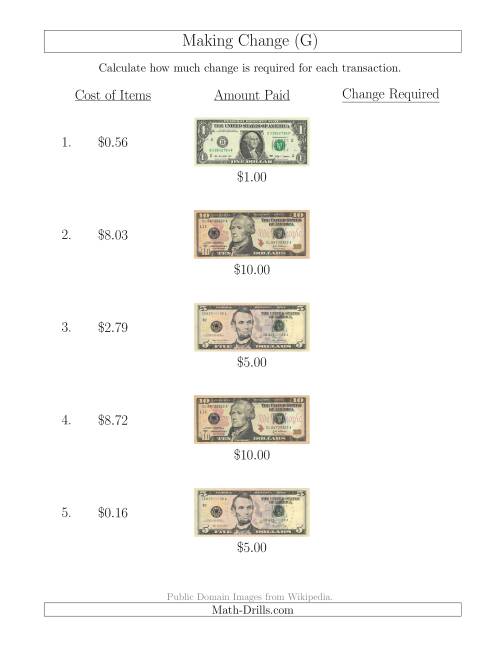 The Making Change from U.S. Bills up to $10 (G) Math Worksheet