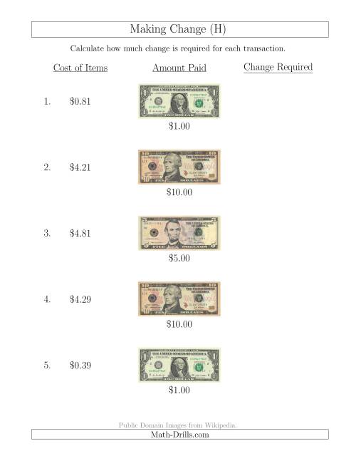The Making Change from U.S. Bills up to $10 (H) Math Worksheet