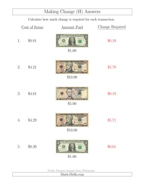 The Making Change from U.S. Bills up to $10 (H) Math Worksheet Page 2