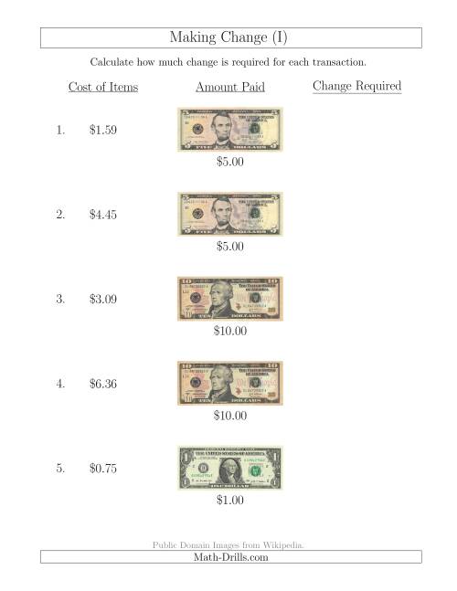 The Making Change from U.S. Bills up to $10 (I) Math Worksheet