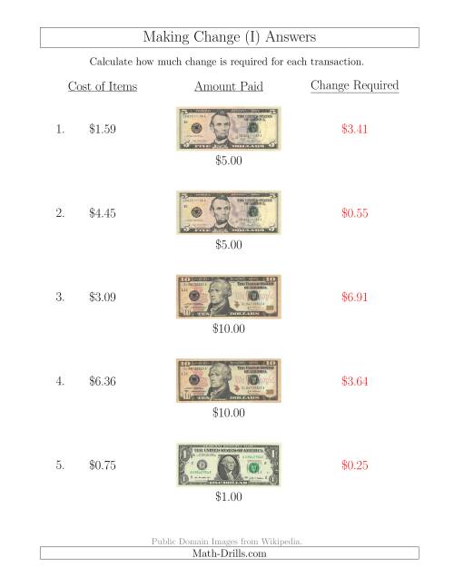 The Making Change from U.S. Bills up to $10 (I) Math Worksheet Page 2