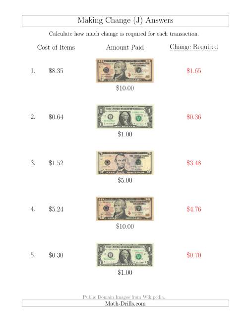 The Making Change from U.S. Bills up to $10 (J) Math Worksheet Page 2