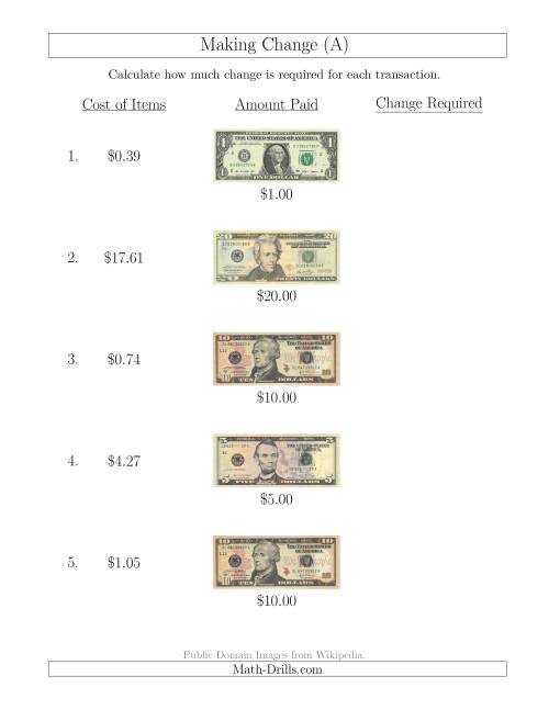 The Making Change from U.S. Bills up to $20 (A) Math Worksheet