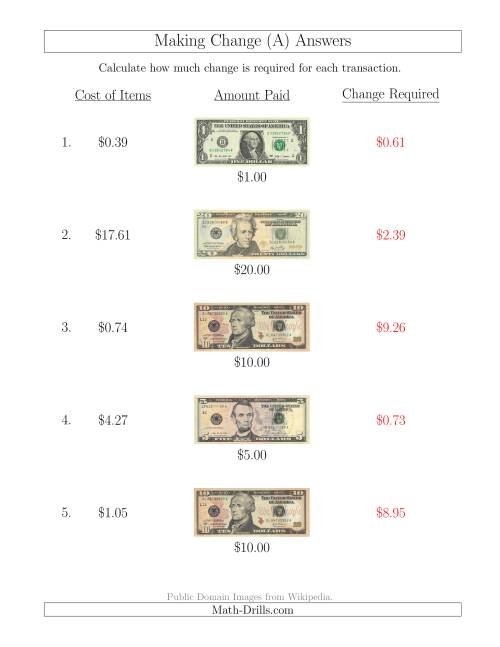 The Making Change from U.S. Bills up to $20 (A) Math Worksheet Page 2