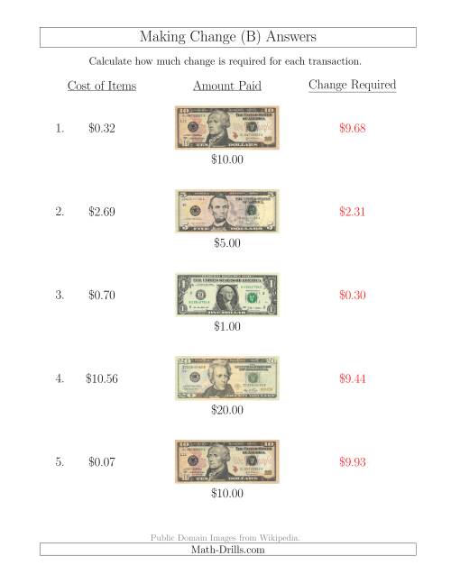 The Making Change from U.S. Bills up to $20 (B) Math Worksheet Page 2
