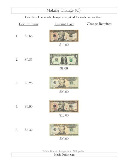 The Making Change from U.S. Bills up to $20 (C) Math Worksheet