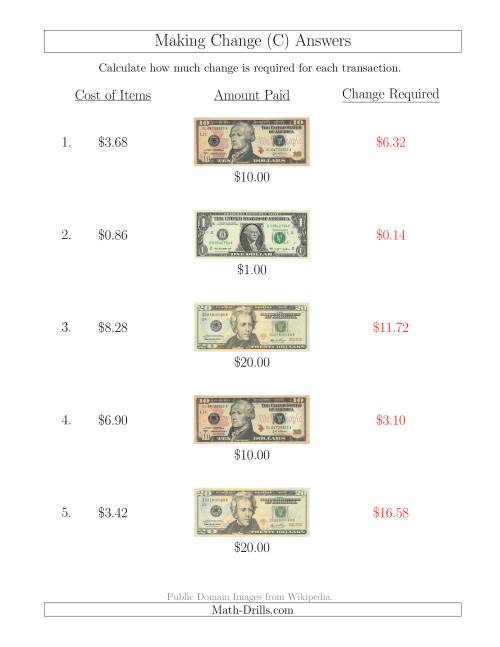 The Making Change from U.S. Bills up to $20 (C) Math Worksheet Page 2