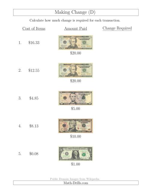 The Making Change from U.S. Bills up to $20 (D) Math Worksheet