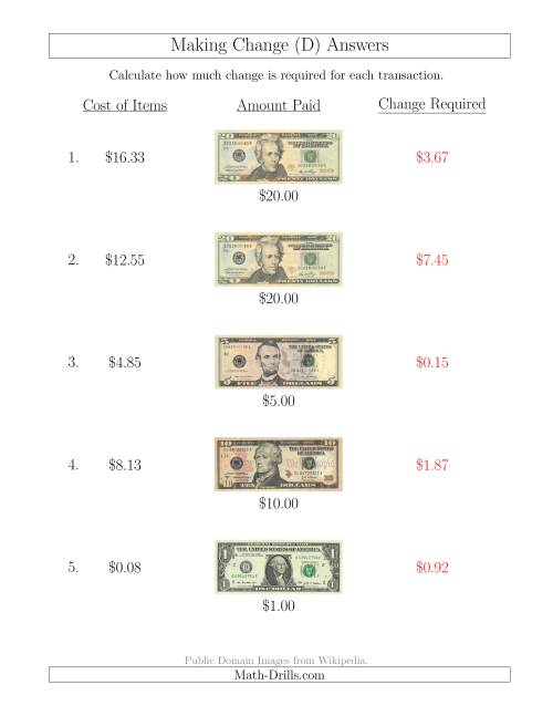 The Making Change from U.S. Bills up to $20 (D) Math Worksheet Page 2