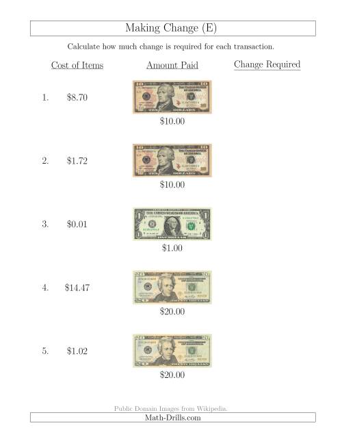 The Making Change from U.S. Bills up to $20 (E) Math Worksheet