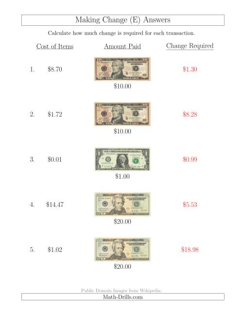 The Making Change from U.S. Bills up to $20 (E) Math Worksheet Page 2
