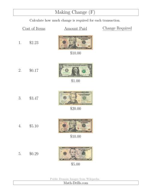 The Making Change from U.S. Bills up to $20 (F) Math Worksheet