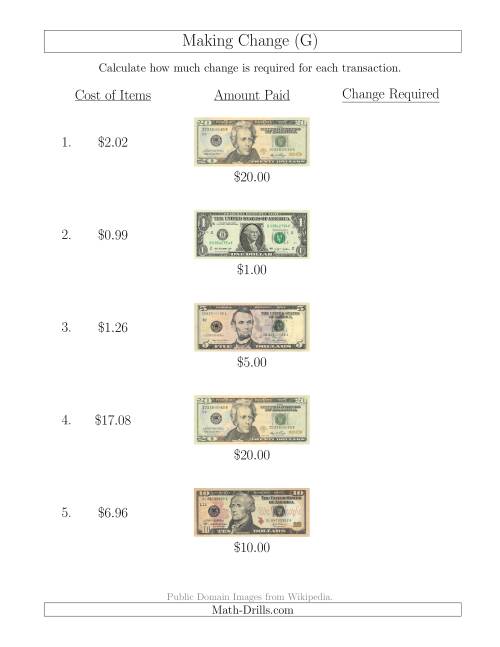 The Making Change from U.S. Bills up to $20 (G) Math Worksheet