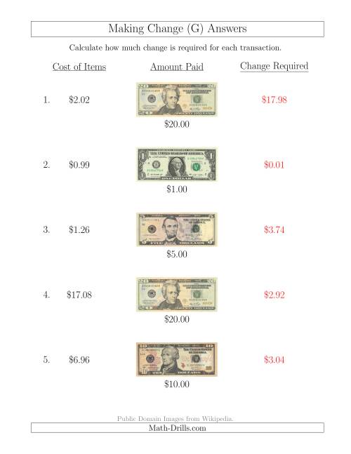The Making Change from U.S. Bills up to $20 (G) Math Worksheet Page 2
