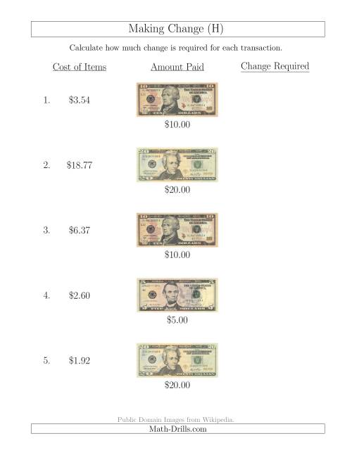 The Making Change from U.S. Bills up to $20 (H) Math Worksheet