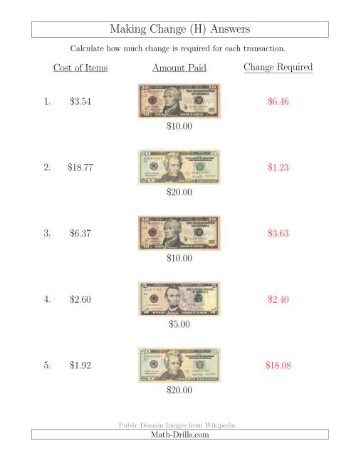 The Making Change from U.S. Bills up to $20 (H) Math Worksheet Page 2