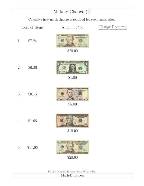 The Making Change from U.S. Bills up to $20 (I) Math Worksheet