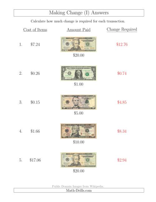 The Making Change from U.S. Bills up to $20 (I) Math Worksheet Page 2