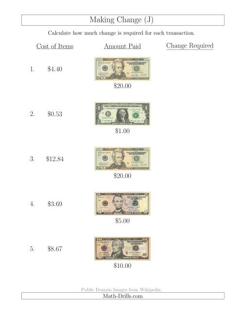 The Making Change from U.S. Bills up to $20 (J) Math Worksheet