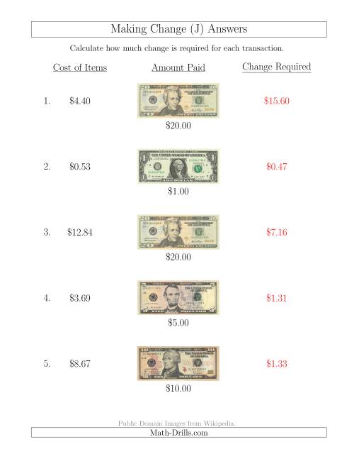 The Making Change from U.S. Bills up to $20 (J) Math Worksheet Page 2
