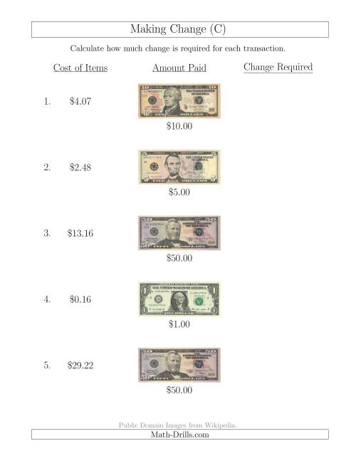 The Making Change from U.S. Bills up to $50 (C) Math Worksheet