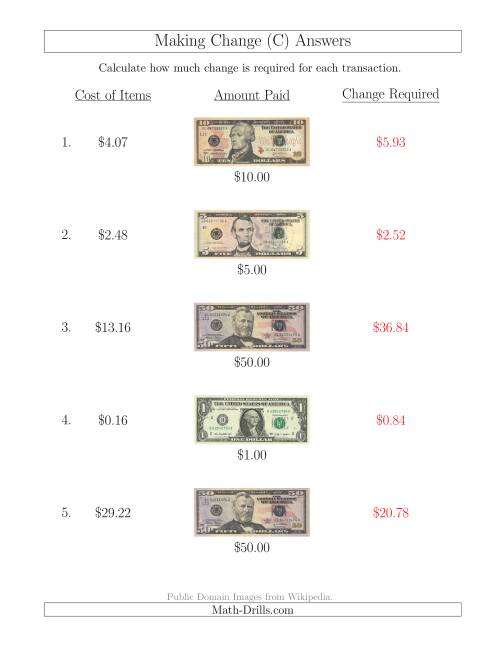 The Making Change from U.S. Bills up to $50 (C) Math Worksheet Page 2
