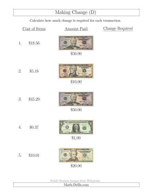 The Making Change from U.S. Bills up to $50 (D) Math Worksheet