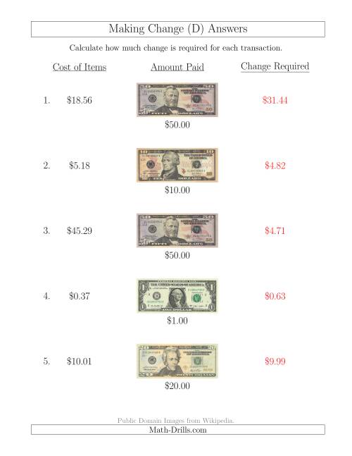 The Making Change from U.S. Bills up to $50 (D) Math Worksheet Page 2