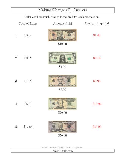 The Making Change from U.S. Bills up to $50 (E) Math Worksheet Page 2