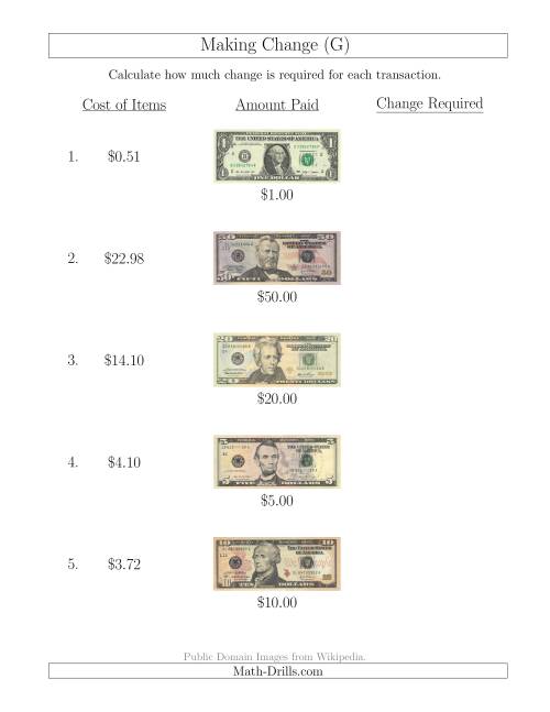 The Making Change from U.S. Bills up to $50 (G) Math Worksheet