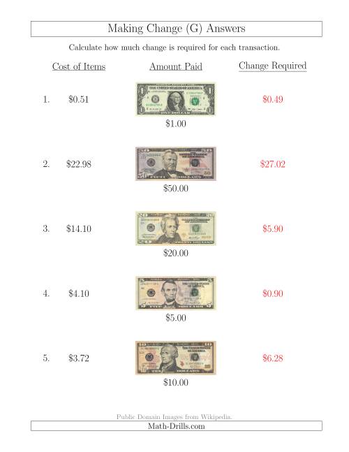 The Making Change from U.S. Bills up to $50 (G) Math Worksheet Page 2