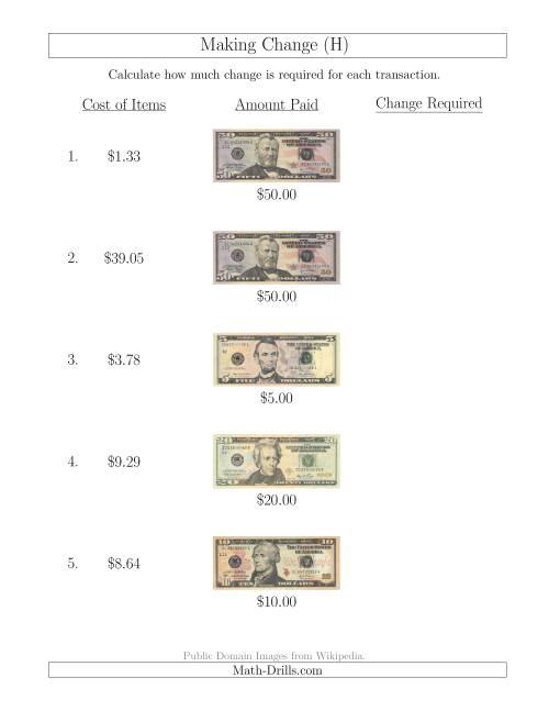 The Making Change from U.S. Bills up to $50 (H) Math Worksheet