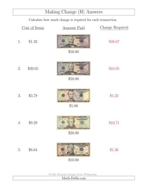 The Making Change from U.S. Bills up to $50 (H) Math Worksheet Page 2