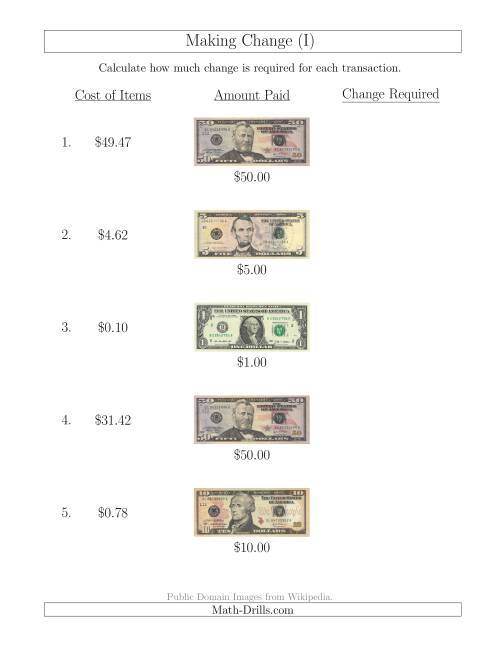 The Making Change from U.S. Bills up to $50 (I) Math Worksheet
