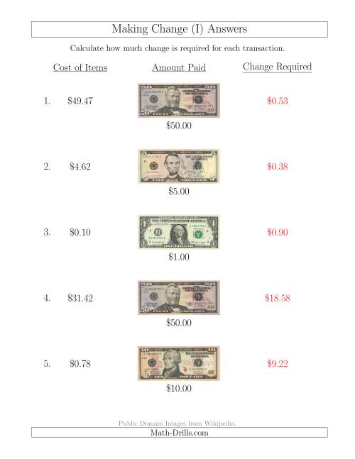 The Making Change from U.S. Bills up to $50 (I) Math Worksheet Page 2