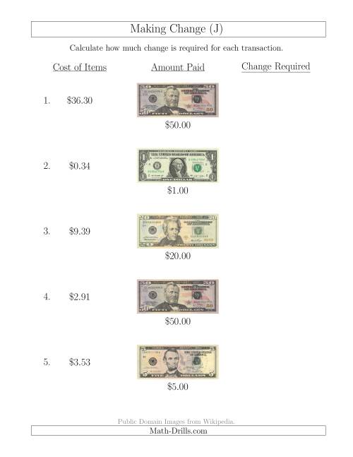 The Making Change from U.S. Bills up to $50 (J) Math Worksheet