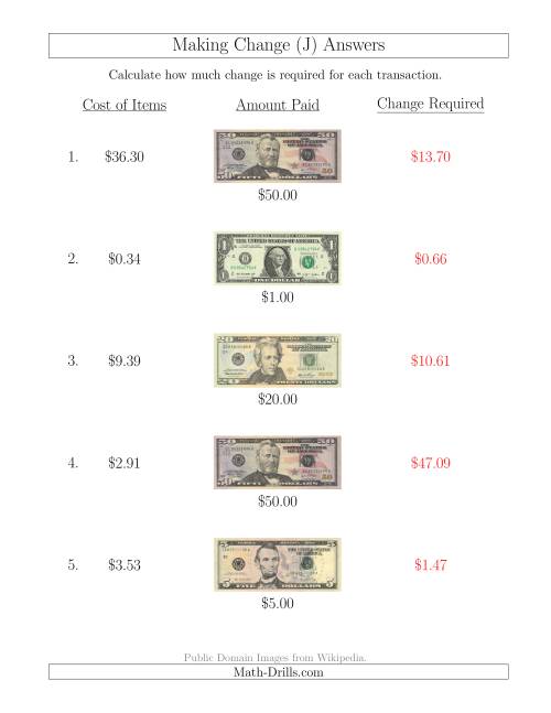 The Making Change from U.S. Bills up to $50 (J) Math Worksheet Page 2