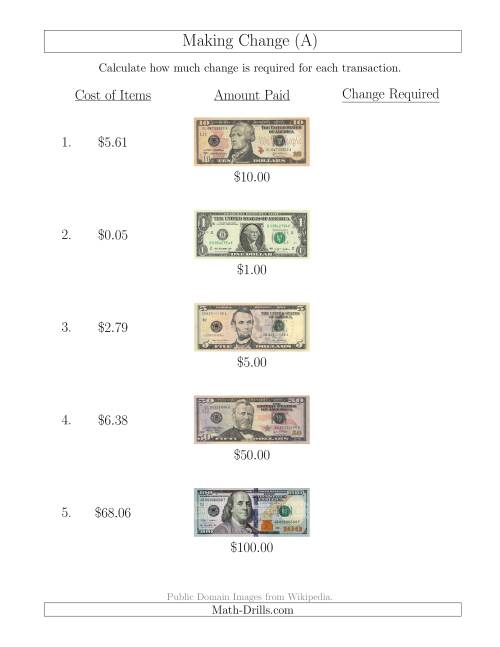 The Making Change from U.S. Bills up to $100 (A) Math Worksheet
