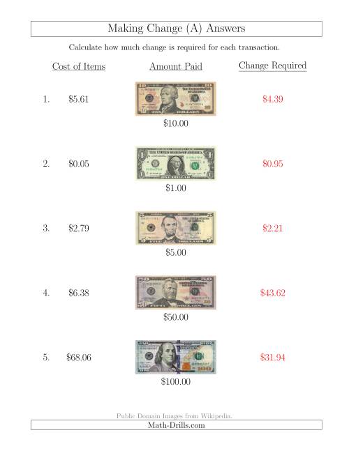 The Making Change from U.S. Bills up to $100 (A) Math Worksheet Page 2