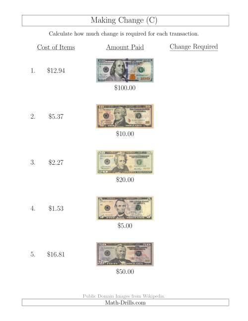 The Making Change from U.S. Bills up to $100 (C) Math Worksheet