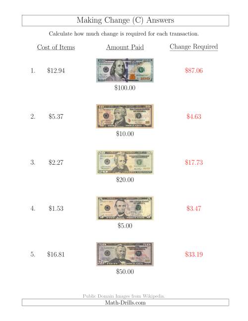 The Making Change from U.S. Bills up to $100 (C) Math Worksheet Page 2