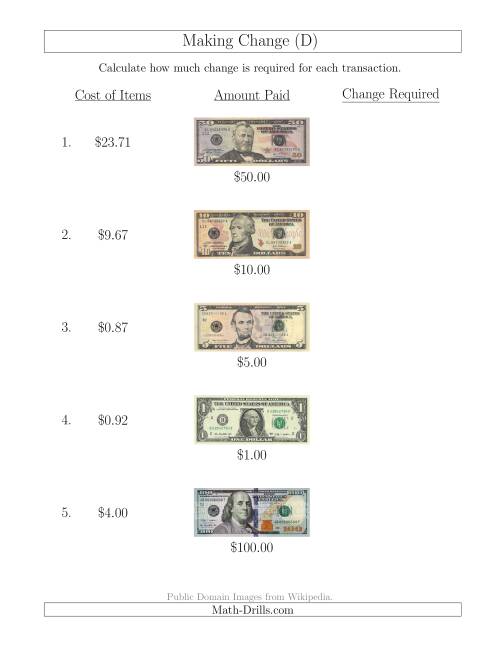 The Making Change from U.S. Bills up to $100 (D) Math Worksheet